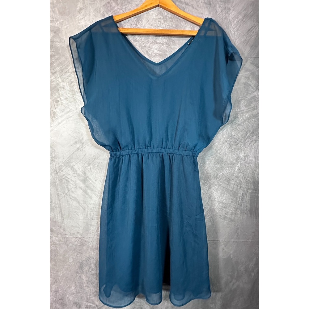 Express Chiffon Dress Womens Small Blue Cinch Waist Flutter Sleeve V-Neck Short